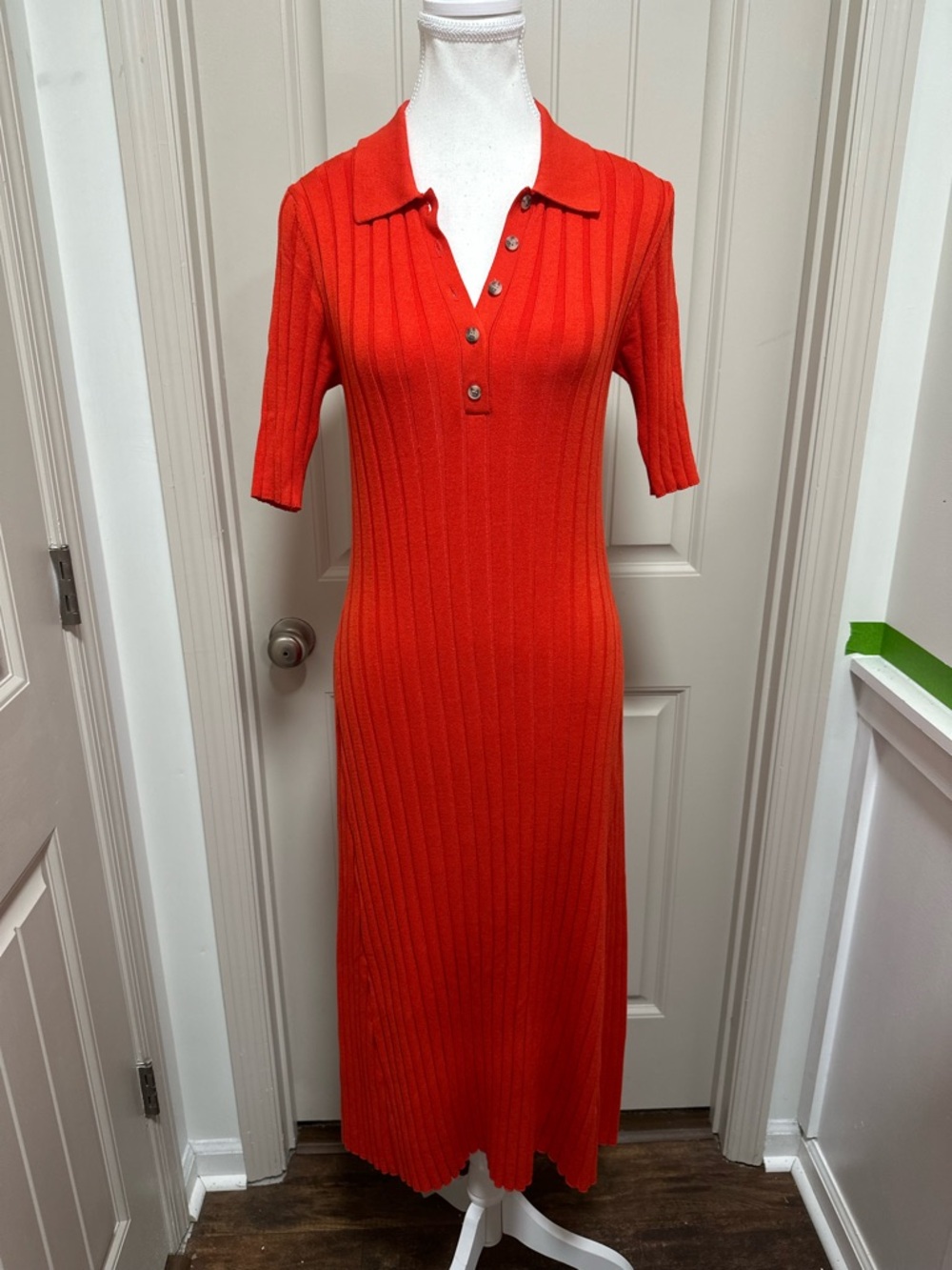 LOFT Orange-Red Ribbed Polo Knit Maxi Dress